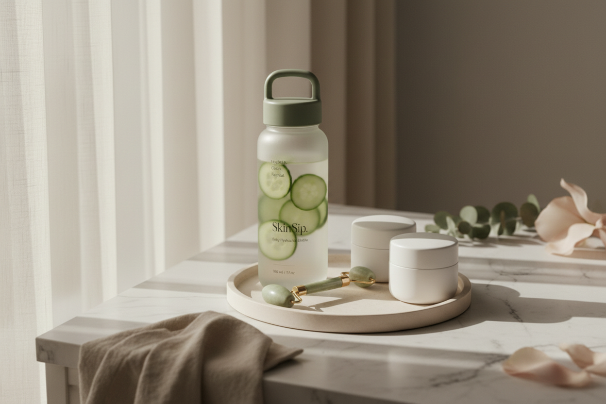 SkinSip botella en bandeja skincare